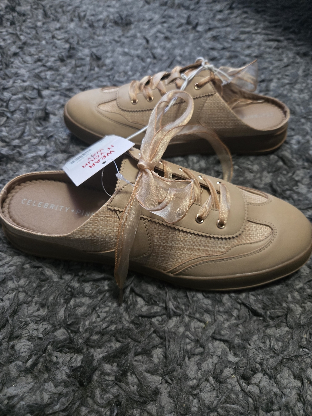 Celebrity Pink Beige Ribbon Lace-Up Slip-On Sneakers